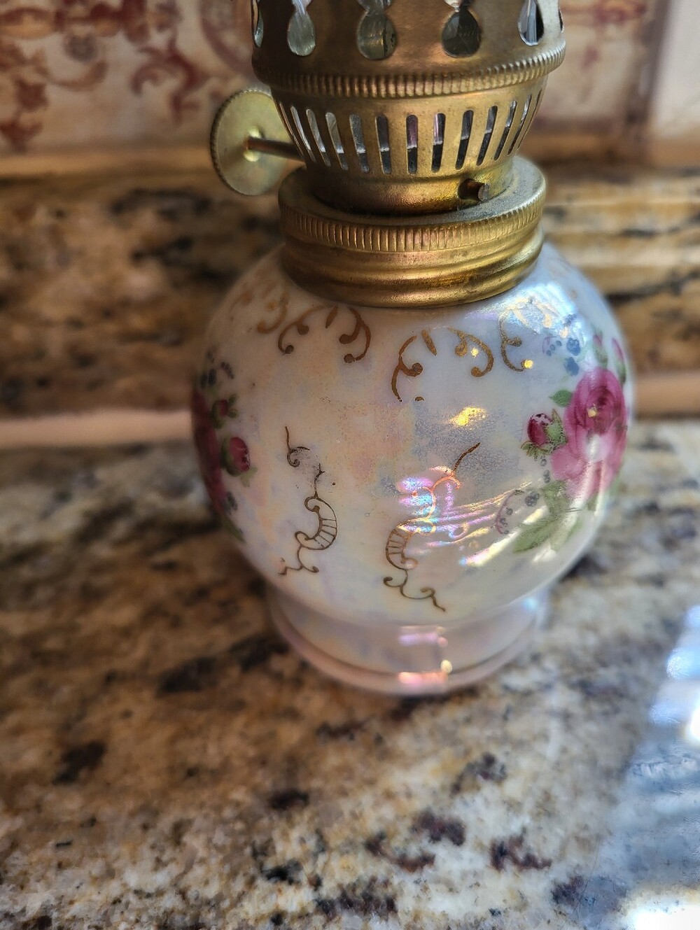 Porcelain 7.5 Inch Iredescent Rose Oil Lantern in White and Pink with Brass Trim - Picture 7 of 11